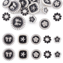 Черный 15шт. 5 стили 1-отверстия, эмалированные пуговицы из сплава, с пластиковой бисера, чёрные, 11~20x11~20x7~8 мм, отверстие : 2 мм, 3 шт / стиль