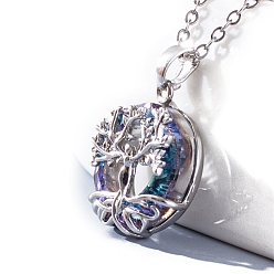 Платина Латунный кубический цирконий плоский круглый с подвеской в виде дерева жизни ожерелья с цепочкой для женщин, платина, 15.75 дюйм (40 см)