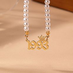 Number Женские ожерелья из круглого белого бисера с имитацией жемчуга и подвеской в виде короны в виде года рождения, золотые, число 1993, 14.96 дюйм (38 см)