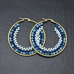 Blassem Türkis 304 Edelstahl Creolen Ohrstecker , Perlenohrringe, mit Glasperlen, Ring, golden, blassem Türkis, 54.5x53.5x4 mm