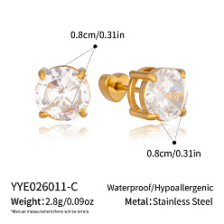 Rondo 304 Pendientes de botón de acero inoxidable con circonitas cúbicas engastadas para mujer, dorado, rondo, 8x8 mm