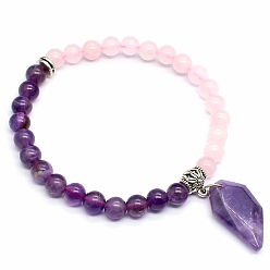 Розовый Кварц Эластичные браслеты из натурального розового кварца и аметиста, браслеты с подвесками для женщин, форма ножа, внутренний диаметр: 2-3/8 дюйм (6 см)