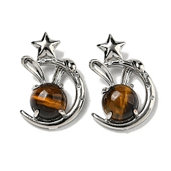 Тигровый глаз Природных тигровый глаз подвески, Подвески в виде кролика со стойкой из латуни, луны и звезды, платина, без кадмия и без свинца, 27.5x18x9 мм, отверстие : 6x2.5 мм