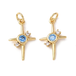 Озёрно--синий Латунные микро проложить кубического циркония подвески, крест прелести, без кадмия и без свинца, стойки покрытие, долговечный, с целью перехода в кольце, реальный 18 k позолоченный, Плут синий, 19x12x3 мм, отверстие : 3 мм