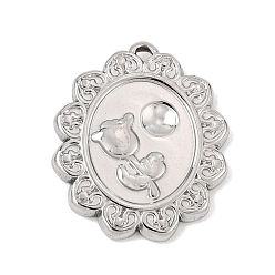 Stainless Steel Color 304 Stainless Steel Pendants, Floral Oval with Tulip Charms, Stainless Steel Color, 21.5x18x2.5mm, Hole: 1.2mm