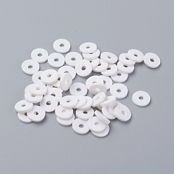 White Flat Round Eco-Friendly Handmade Polymer Clay Beads, Disc Heishi Beads for Hawaiian Earring Bracelet Necklace Jewelry Making, White, 8x0.5~1mm, Hole: 2mm, about 380~400pcs/strand, 17.7 inch