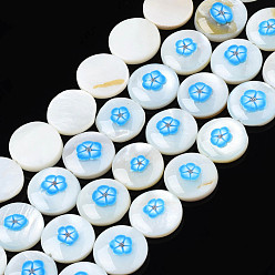 Deep Sky Blue Natural Freshwater Shell Enamel Beads, Flat Round with Flower, Deep Sky Blue, 11x3mm, Hole: 0.8mm, about 32pcs/strand, 14.37 inch(36.5cm)