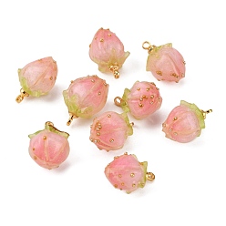 Pink Handmade Flower Epoxy Resin Pendants, with Brass Peg Bails and Glass Micro Beads, Bud, Golden, Pink, 14~15x9~10x9~10mm, Hole: 1.2mm