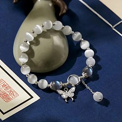 Лунный Камень Браслеты с круглыми бусинами-подвесками из сплава бабочек, кошачьего глаза и натурального лунного камня для женщин, платина, 7-1/8~8-5/8 дюйм (18~22 см)