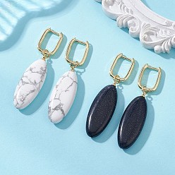 Золотой 2 Комплект из двух сережек-колец из синтетического голубого золотистого камня и натурального говлита., с фурнитурой латунной для серег, овальные, золотые, 50x13x6 мм