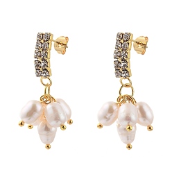 Creamy White Brass Dangle Stud Earrings, with Natural Pearl Beads, Crystal Rhinestones and Ear Nuts, Creamy White, 34~35mm, Pin: 0.7mm