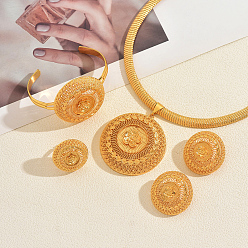 Золотой Винтажные комплекты из полых круглых ожерелий, браслетов, серег и колец в ближневосточном стиле с цветами для женщин, золотые, ожерелья: 16.93 дюйм (43 см)