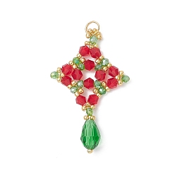 Красный Рождественские стеклянные подвески, ромб, с 304 открытыми соединительными кольцами из нержавеющей стали и бусинами, граненые, красные, 48x29.5x8 мм, отверстие : 5 мм