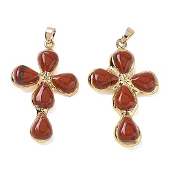 Red Jasper Natural Red Jasper Pendants, Cross Charms, with Golden Tone Brass Findings, 38~41x22.5~23.5x5.5~6mm, Hole: 5.5x3.5mm
