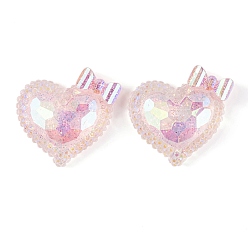 Pink Transparent Epoxy Resin Heart with Bowknot Decoden Cabochons, with Glitter Powder, Pink, 24x24.5x8mm