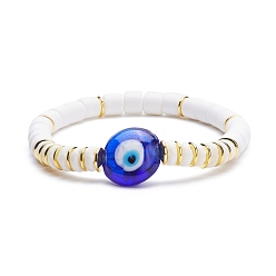 White Handmade Polymer Clay & Natural Shell Beads Stretch Bracelet, Flat Round with Evil Eye Lampwork Beads Lucky Bracelet for Women, White, Inner Diameter: 2-1/8 inch(5.5cm)