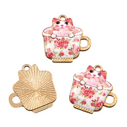 Pink Подвески из эмалевого сплава с покрытием из легкого золота, чашка чая, очарование кошки, розовые, 23x23 мм, отверстие : 1 мм