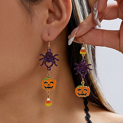 Spider Halloween Alloy Enamel & Acrylic Dangle Earrings, Golden, Spider with Pumpkin, 65x20mm