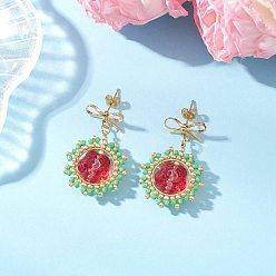 (123L) Белый крем непрозрачный блеск Серьги-гвоздики с подвесками из цветочного стекла, с цилиндрическим бисером и стеклянным бисером, золотые, огнеупорный кирпич, 38x24 мм