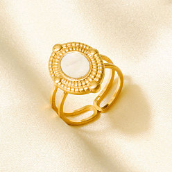 Настоящее золото 18K 304 Открытые кольца-манжеты из нержавеющей стали с натуральными ракушками для женщин, овальные, реальный 18 k позолоченный, 18 мм, внутренний диаметр: 17 мм