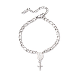 Нержавеющая Сталь Цвет 304 из нержавеющей стали Фигаро цепи браслеты, Браслеты с подвесками в виде овала и креста Девы Марии для женщин, цвет нержавеющей стали, 7 дюйм (17.8 см)