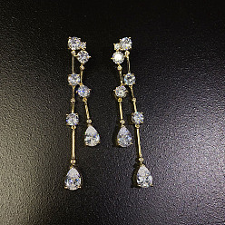 Золотой Серьги-гвоздики с кисточками из прозрачного кубического циркония в форме капли, золотые, 75x8 мм