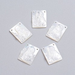 White Shell Natural White Shell Mother of Pearl Shell Pendants, Rectangle with Old Man, 16x12x2~2.5mm, Hole: 0.9mm