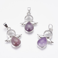 Amethyst Natural Amethyst Pendants, Angel, with Brass Finding, Platinum, 34x25.5x4.5~6.5mm, Hole: 4~5x7mm