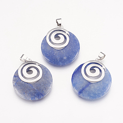 (306FM) Жонкиль матовый с лаймовой подкладкой Натуральные синие пятна яшмы подвески, с латунной фурнитурой платинового цвета, плоско-круглые, 32x28x6 мм, отверстие : 4x5 мм