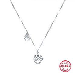 Platinum Anti-Tarnish 925 Sterling Silver Spider and Web Pendant Necklaces, with Cable Chains, Platinum, 15.35 inch(39cm)