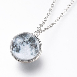 Planet Ожерелье из стекла, с тросовыми цепями из сплава и застежками-клешнями, без кадмия и без свинца, круглые, платина, узор галактики, 20.07 дюйм (51 см), подвески: 24x21x19 мм