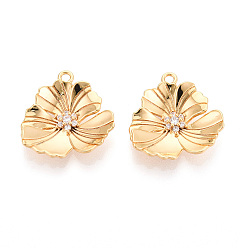 Настоящее золото 18K Латунные микро проложить кубического циркония подвески, цветок, без никеля , долговечный, реальный 18 k позолоченный, 21x20.5x4.5 мм, отверстие : 1.8 мм