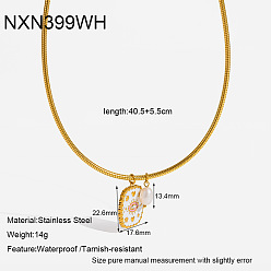 White 304 Stainless Steel Enamel Evil Eye Rectangle Pendant Necklaces with Natural Pearl for Women, Golden, White, 15.94 inch(40.5cm)