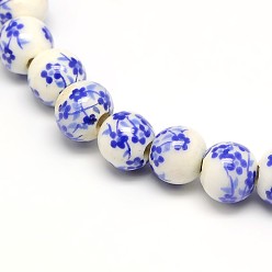 Azul Royal Cuentas de cerámica de la porcelana de la flor hecha a mano impresa hebras, rondo, azul real, 6 mm, agujero: 2 mm, sobre 60 unidades / cadena, 13 pulgada