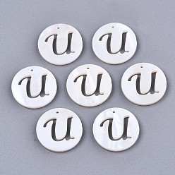 Letter U Natural Freshwater Shell Charms, Flat Round with Hollow Out Letter, Letter.U, 14.5x1.5mm, Hole: 0.9mm