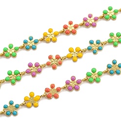 Разноцветный Звено цепи с эмалью из золотой латуни, долговечный, с катушкой, несварные, цветок, красочный, 9x6x1 мм, 32.8 футов (10 м) / рулон