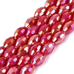 Crimson Electroplate Opaque Solid Color Glass Beads Strands, Rice, AB Color Plated, Faceted, Crimson, 8~8.5x5.5~6mm, Hole: 1~1.2mm, about 67~68pcs/strand, 21.46~22.24 inch(54.5~56.5cm)