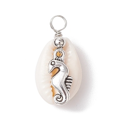 Sea Horse Подвески из натуральной ракушки каури и сплава с морскими животными, морские подвески с петлями из медной проволоки, античное серебро, морской конек, 31x15x10 мм, отверстие : 3.3 мм