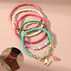 Бирюза Комплекты многослойных браслетов на лодыжку из богемской смолы и стеклянных бусин, с сплава бабочки прелести, золотые, бирюзовые, 9-1/8 дюйм (230 мм), 5 шт / комплект