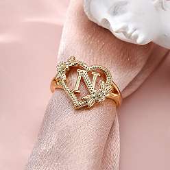 Letter N Сердце с цветком полые латунные перстни, золотые, Письмо N, внутренний диаметр: 17 мм