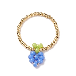 Grape Glass & Brass Braided Fruit Finger Ring for Women, Colorful, Grape Pattern, US Size 8 1/2(18.5mm)