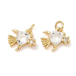 Fish Латунные микро проложить кубического циркония прелести, без свинца и без кадмия, стойки покрытие, долговечный, реальный 18 k позолоченный, рыбы прелести, 9x9.5x3 мм, Перейти кольцо: 4x0.8 мм, внутренний диаметр: 2.5 мм