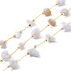 Синий Кружевый Агат Цепочка из бисера ручной работы, с латунной кабельной цепочкой и чипом из натурального синего кружева, цепочка из агатовых звеньев, долговечный, пайки, золотые, 3~8x3~16 мм, 32.80 футов / рулон (10 м / рулон)