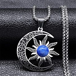 Ляпис-Лазурь Готическое лунное солнце 201 ожерелья из нержавеющей стали с натуральным лазуритом для женщин, цвет нержавеющей стали, 19.69 дюйм (50 см)