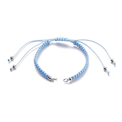 Light Blue Adjustable Braided Polyester Thread Bracelet Making, with Brass Beads and 304 Stainless Steel Jump Rings, Light Blue, 5-5/8~11-1/4 inch(14.3~28.5cm)