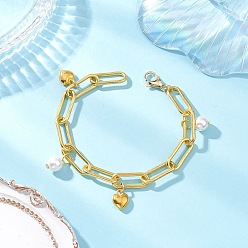 Золотой Сплав шарм браслеты, браслеты-цепочки из железных скрепок для женщин, сердце и круглый, с оболочкой жемчуг, золотые, 8-1/4 дюйм (21 см)