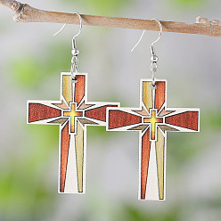 Шоколадный Серьги-подвески из дерева с двухсторонним принтом, платина, крестик, цвет шоколада, 27x65 мм