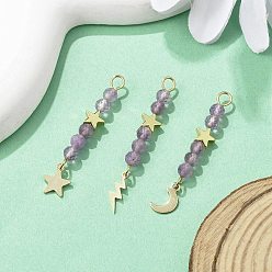 Аметист 3шт 3 стили натуральный аметист ограненные круглые бусины подвески, подвески из нержавеющей стали в виде луны, звезды и молнии, золотые, 42~45 мм, отверстие : 2 мм, 1 шт / стиль