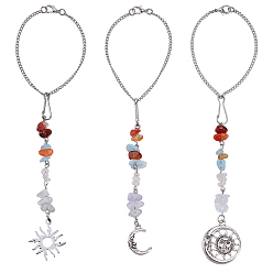 Платина 3шт. 3 стили подвесные украшения из сплава и латуни, подвесные украшения для автомобиля в виде звезд и луны, с натуральным сердоликом, красным агатом, натуральным аквамарином, натуральным розовым кварцем и натуральным аметистом, разнообразные, платина, 195 мм