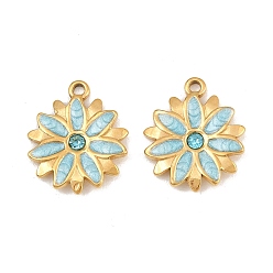 Light Sky Blue 304 Stainless Steel Enamel Pendants, Flower Charms, with Rhinestone, Ion Plating(IP), Real 18K Gold Plated, Light Sky Blue, 16.5x14x1.5mm, Hole: 1.5mm